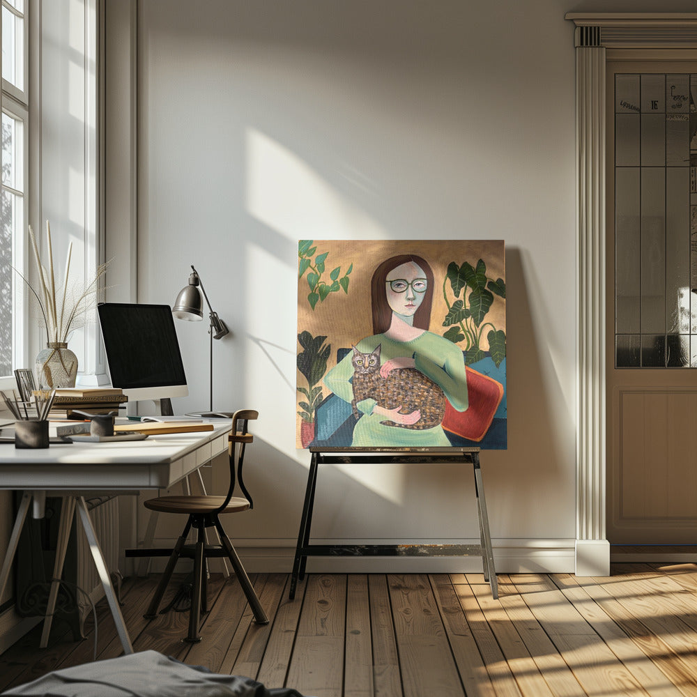 Lady with her Cat in Loungeroom | Canvas