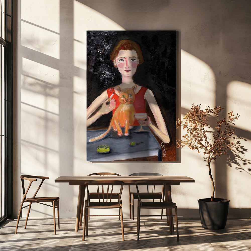 Vintage woman with cocktail and cat | Canvas