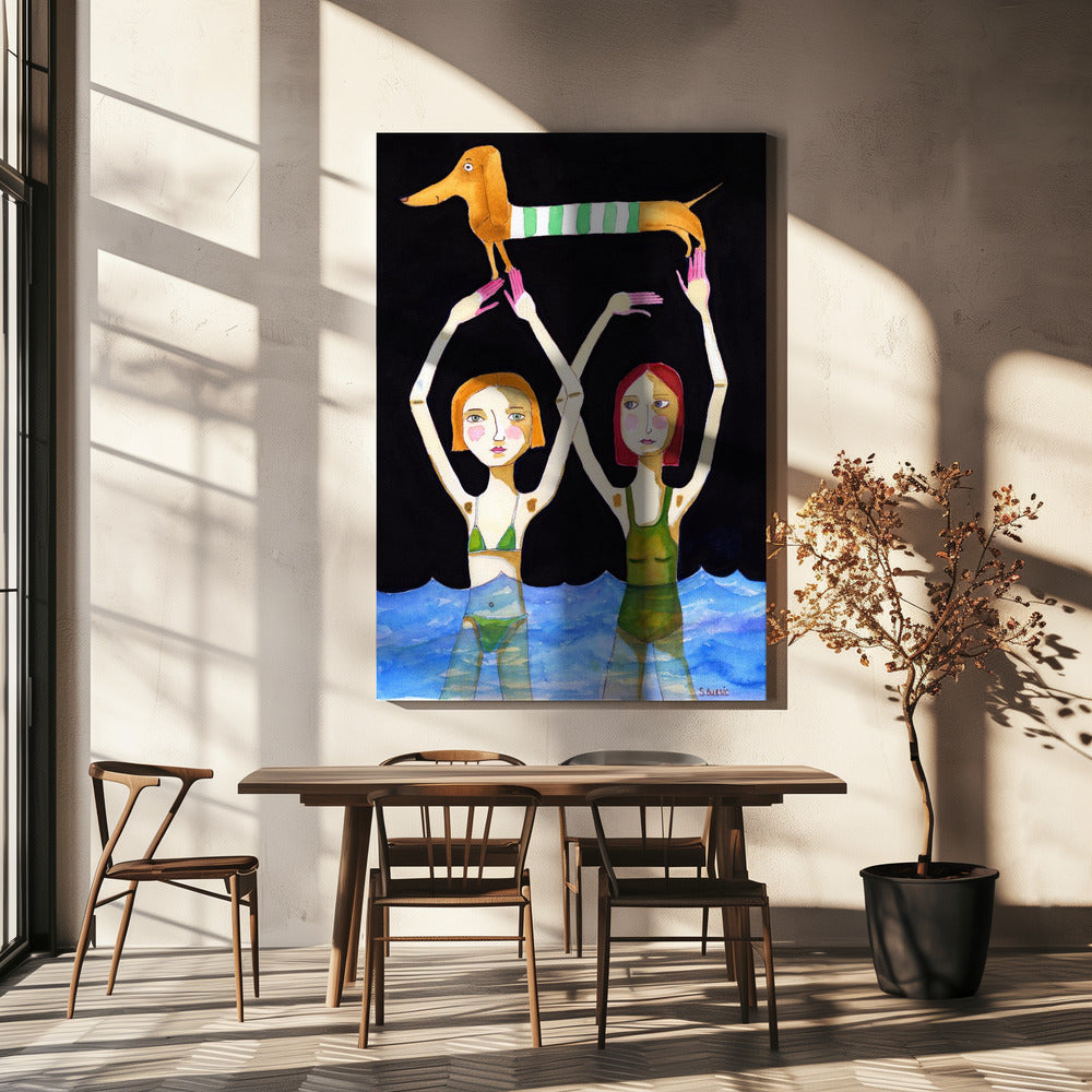 Swimming Girls with Sausage Dog | Canvas