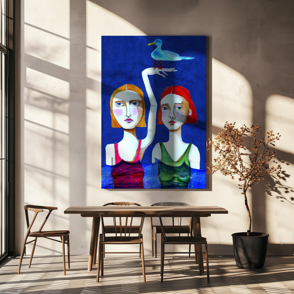 Swimming Ladies with Blue Bird | Canvas
