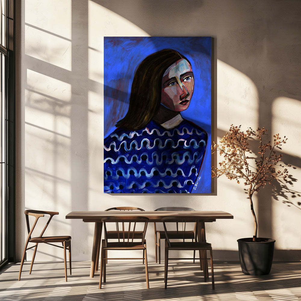Woman in Blue Sweater Naive Portrait Figurative | Canvas