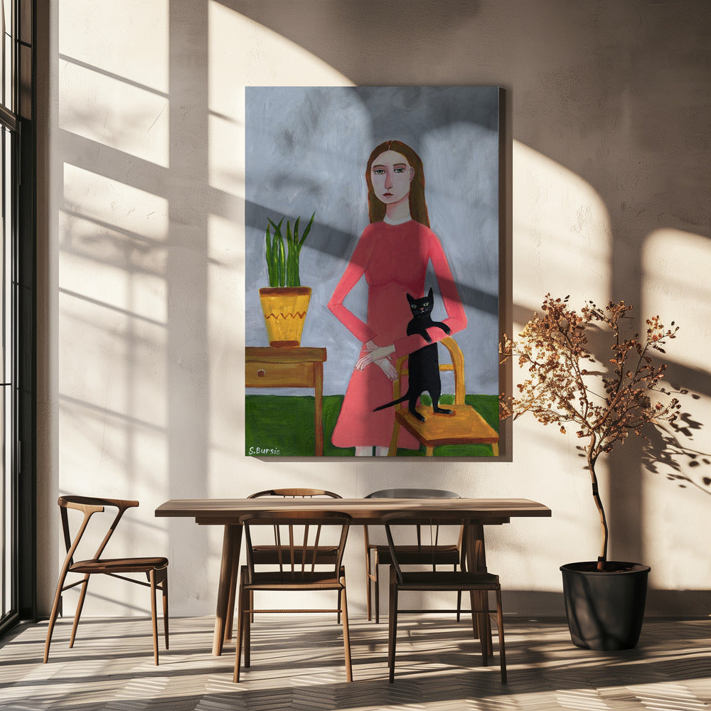 Cat Lady with Black Cat | Canvas