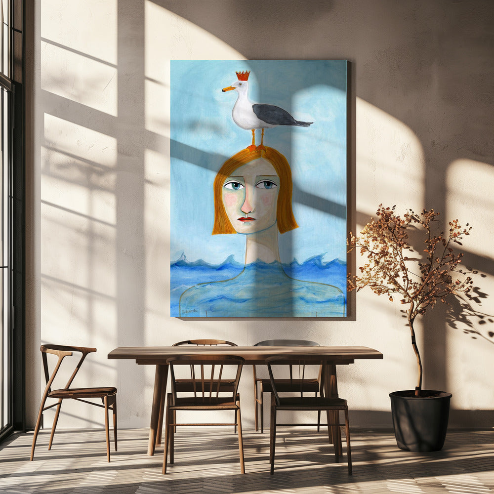 Nude Lady in Ocean with Seagull | Canvas