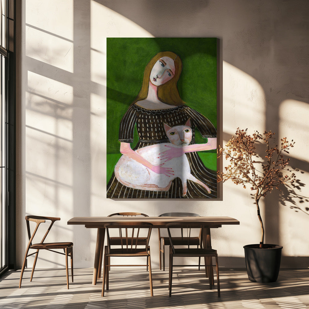 vintage lady with white cat | Canvas