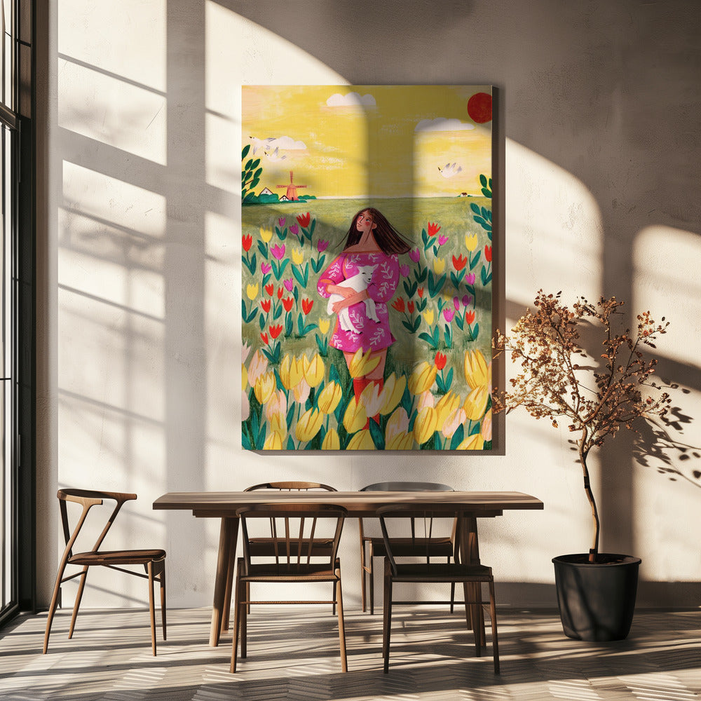 Woman in spring tulip field | Canvas