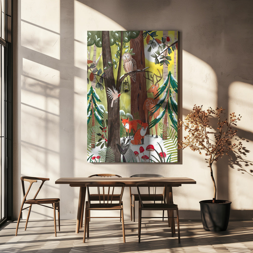 Green Christmas forest with animals | Canvas