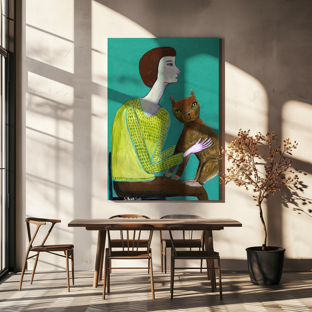 Lady Sitting with Brown Cat Cat Lover | Canvas