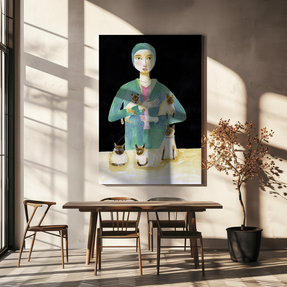Lady with Five Siamese Cats | Canvas