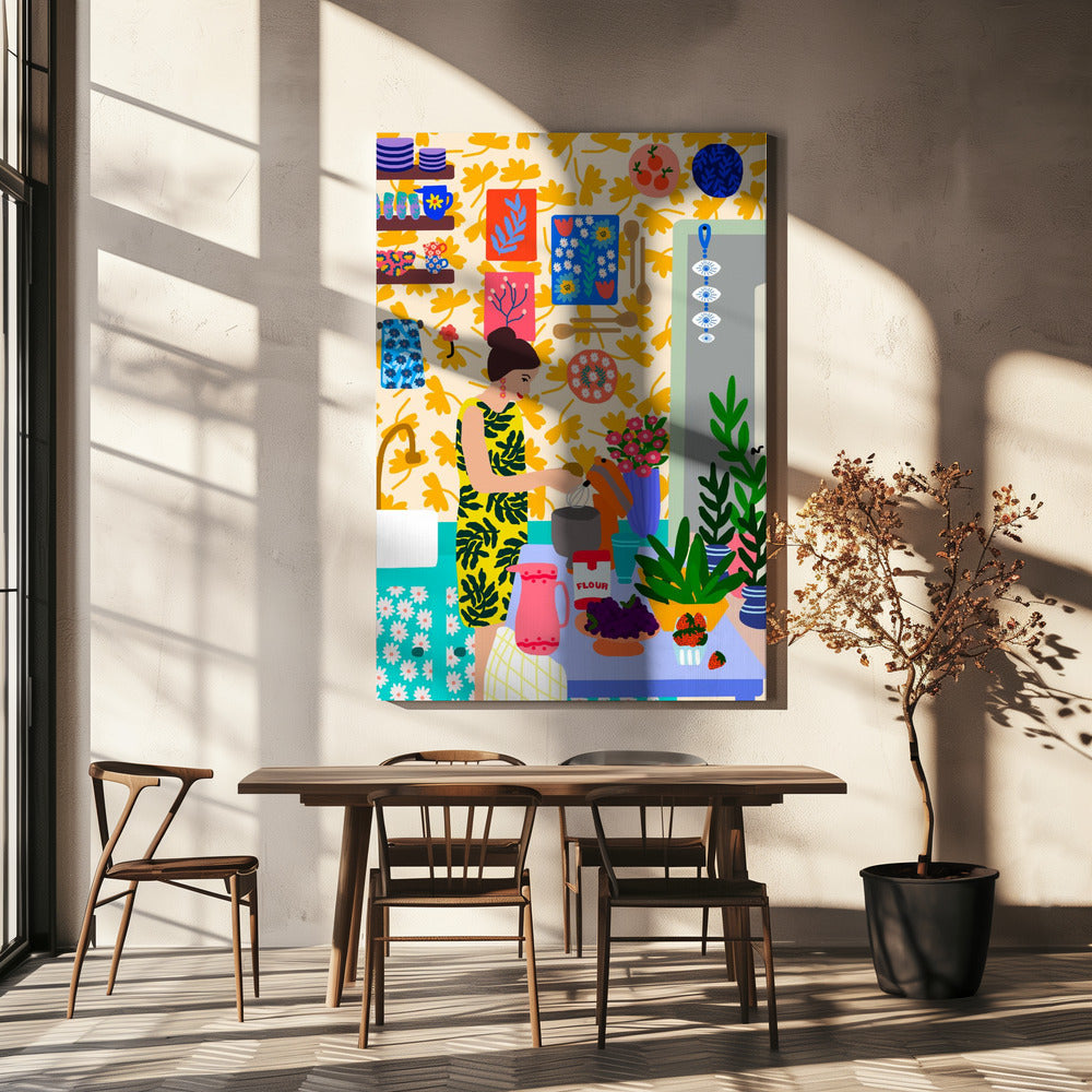 A Woman In A Kitchen With Flowers | Canvas