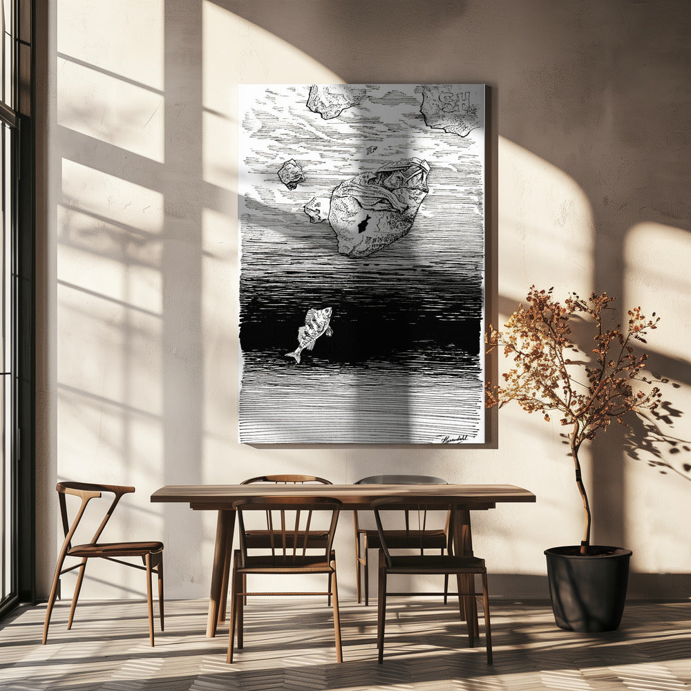 Midless. A Fish in the Plastic Sea Ink Drawing. | Canvas