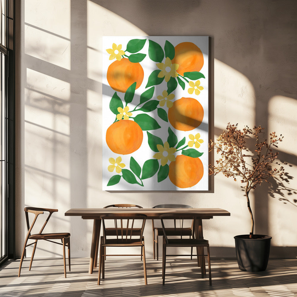 Oranges with Green Leaves and Delicate Yellow Flowers | Canvas