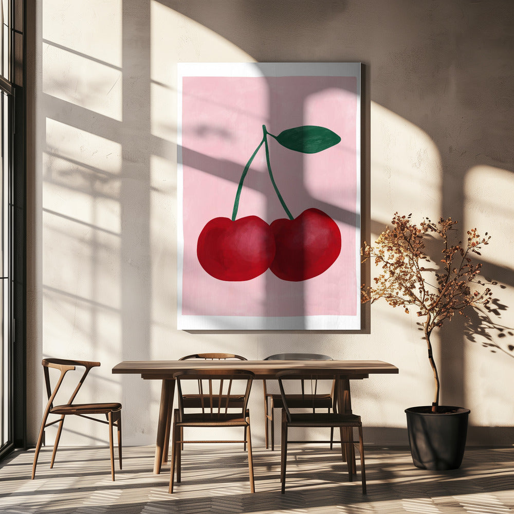Red Cherries with a Green Leaf | Canvas