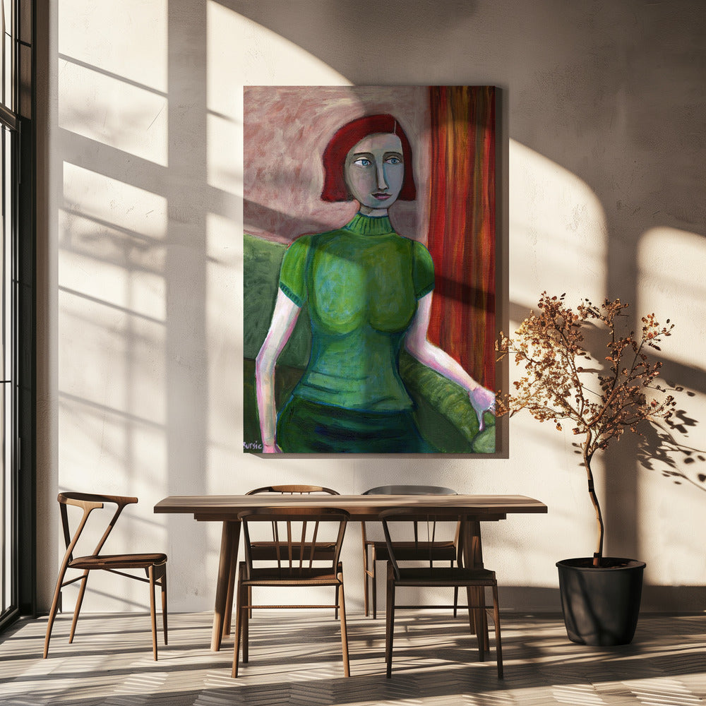 Vintage Red Head in Green | Canvas