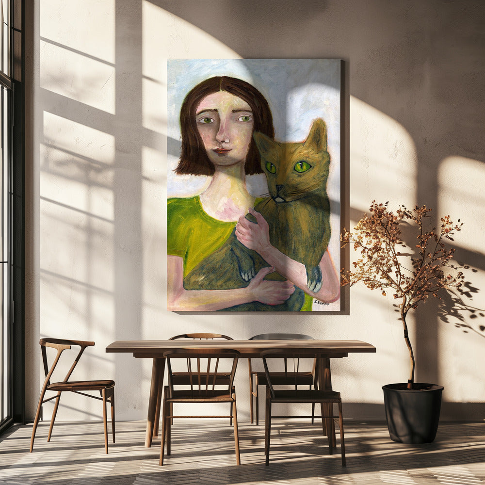 Cat Lady with Greenish Cat | Canvas