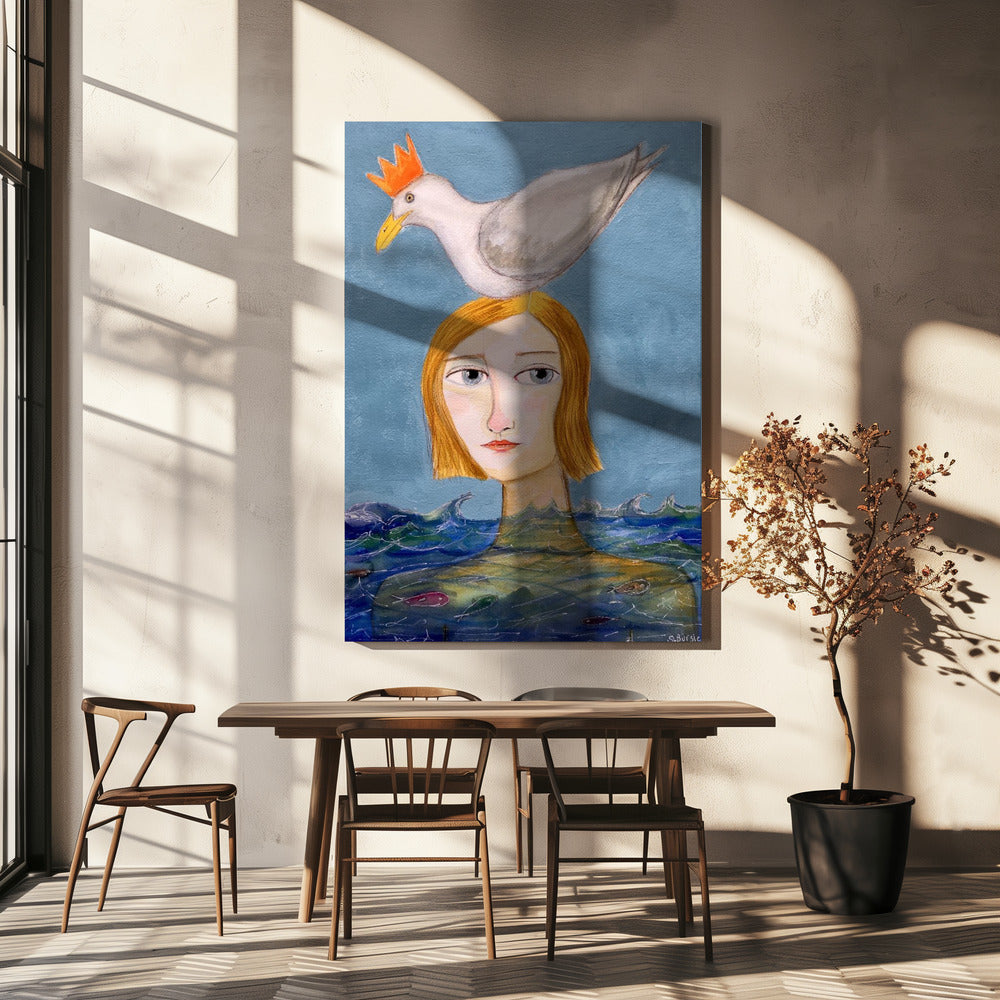 Lady swimmer with seagull | Canvas