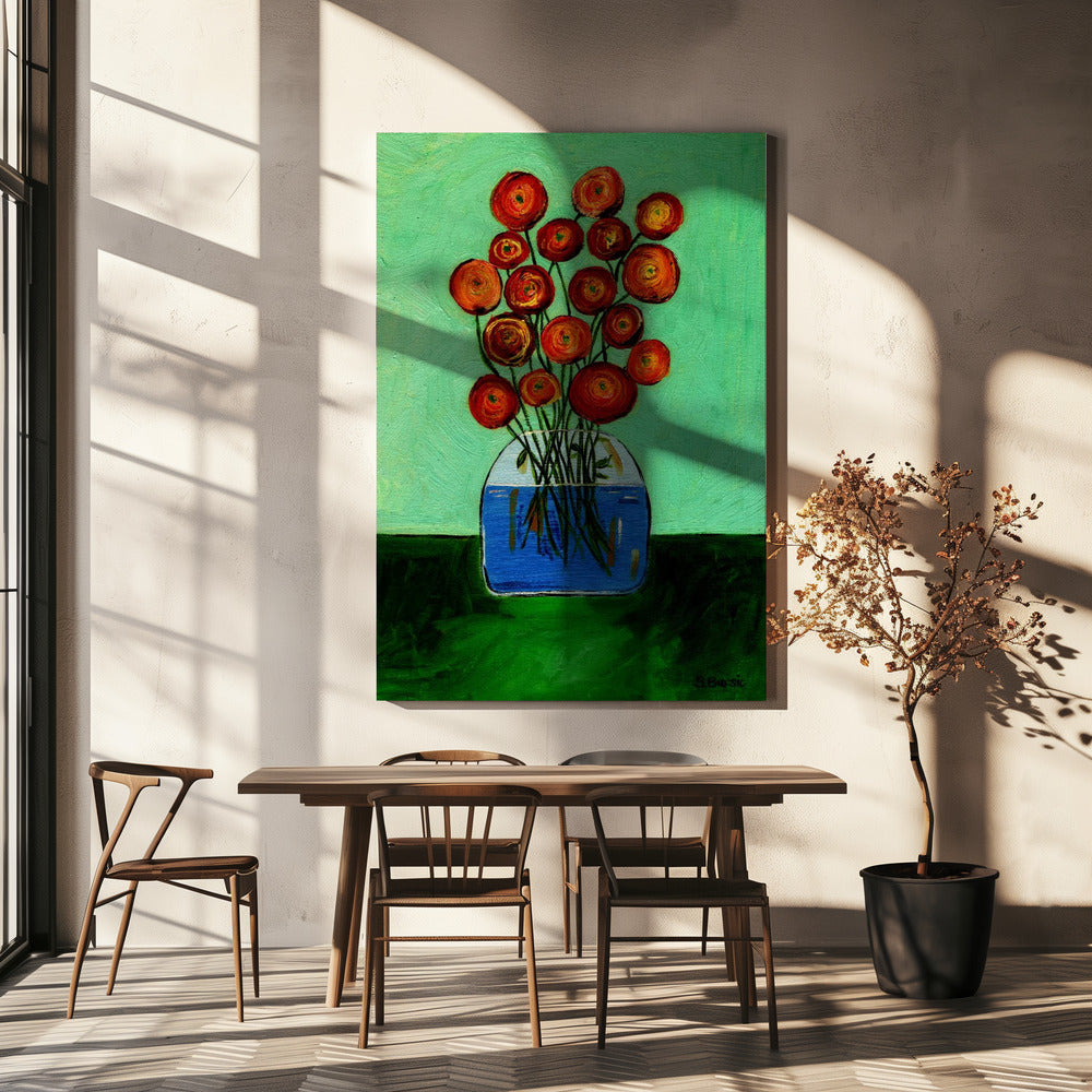 Poppies in Vase Green Version | Canvas