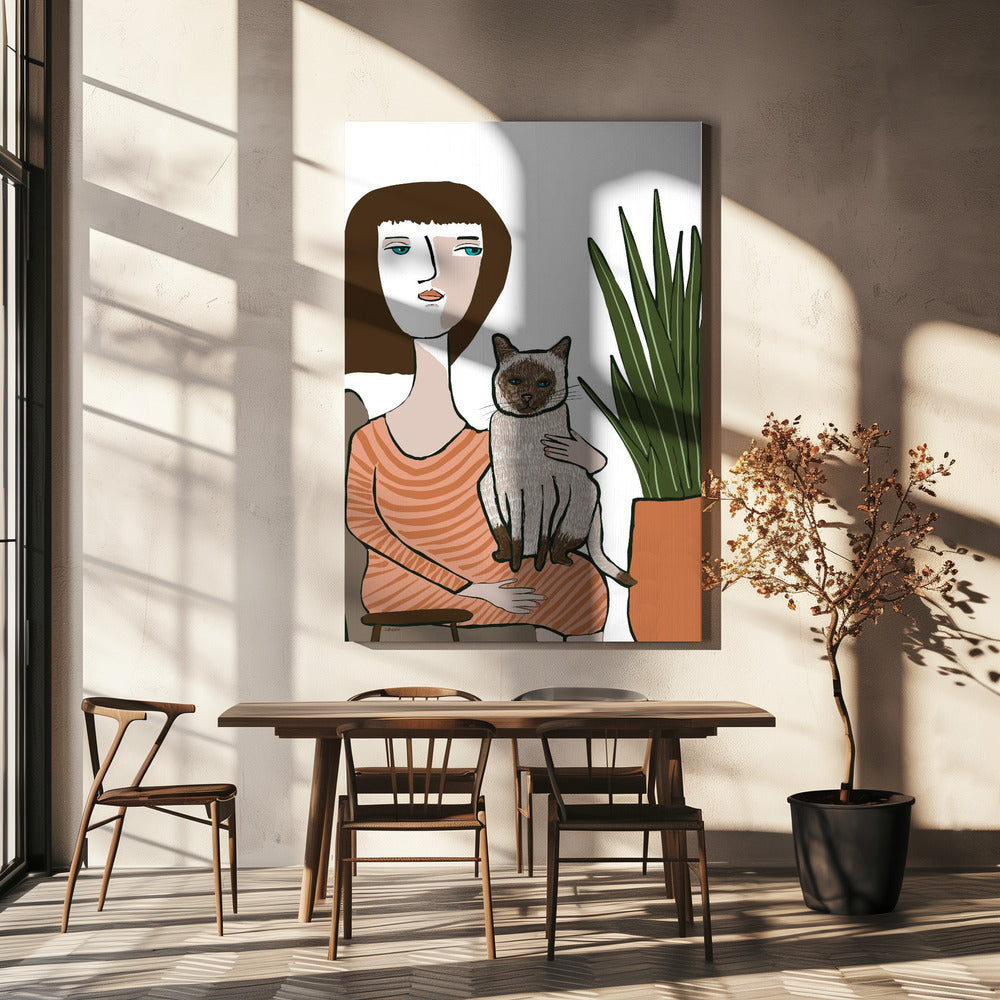 Girl with Siamese cat | Canvas