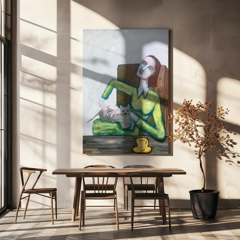 Lady tickling grey cat in chair | Canvas