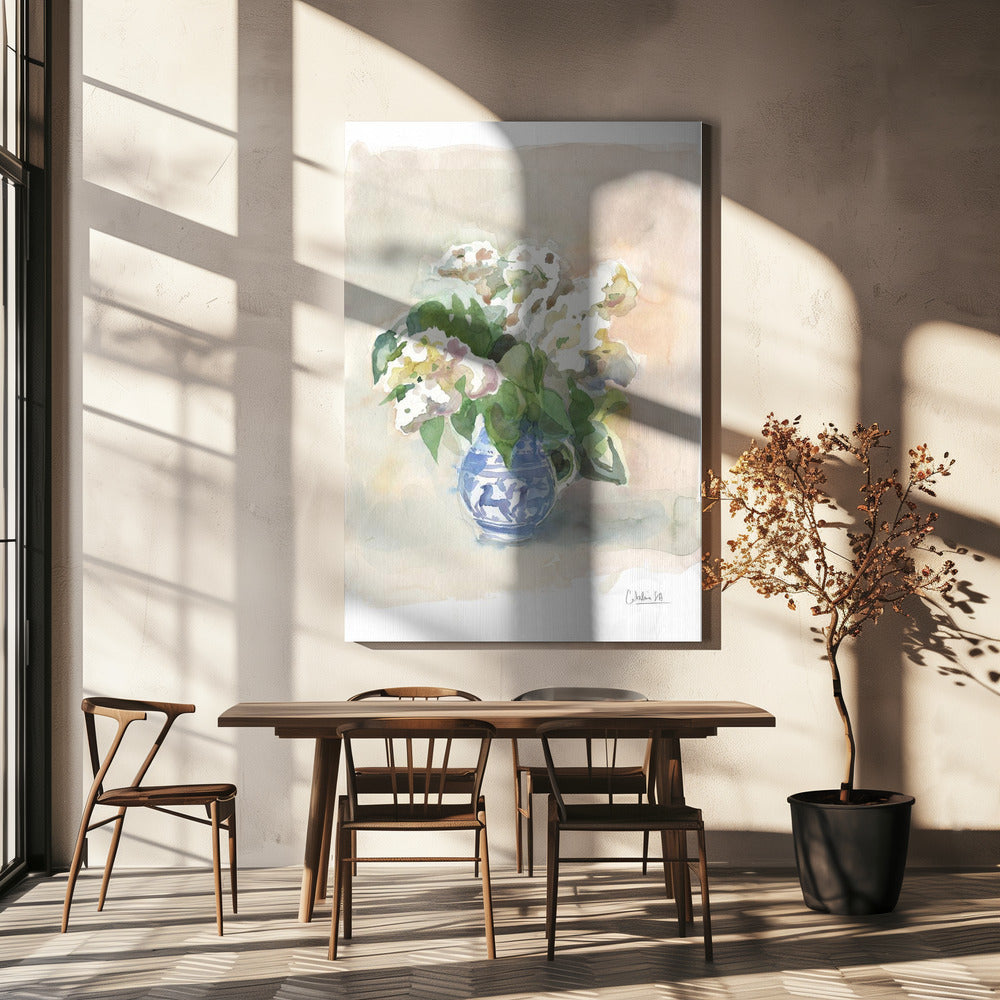 White lilacs in a vase watercolor. | Canvas