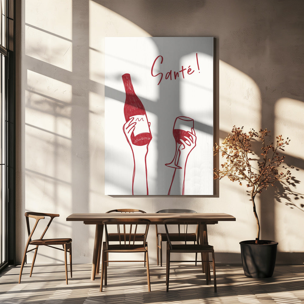 Hands holding a wine bottle and a wine glass with the text &quot;Cheers!&quot; in French | Canvas
