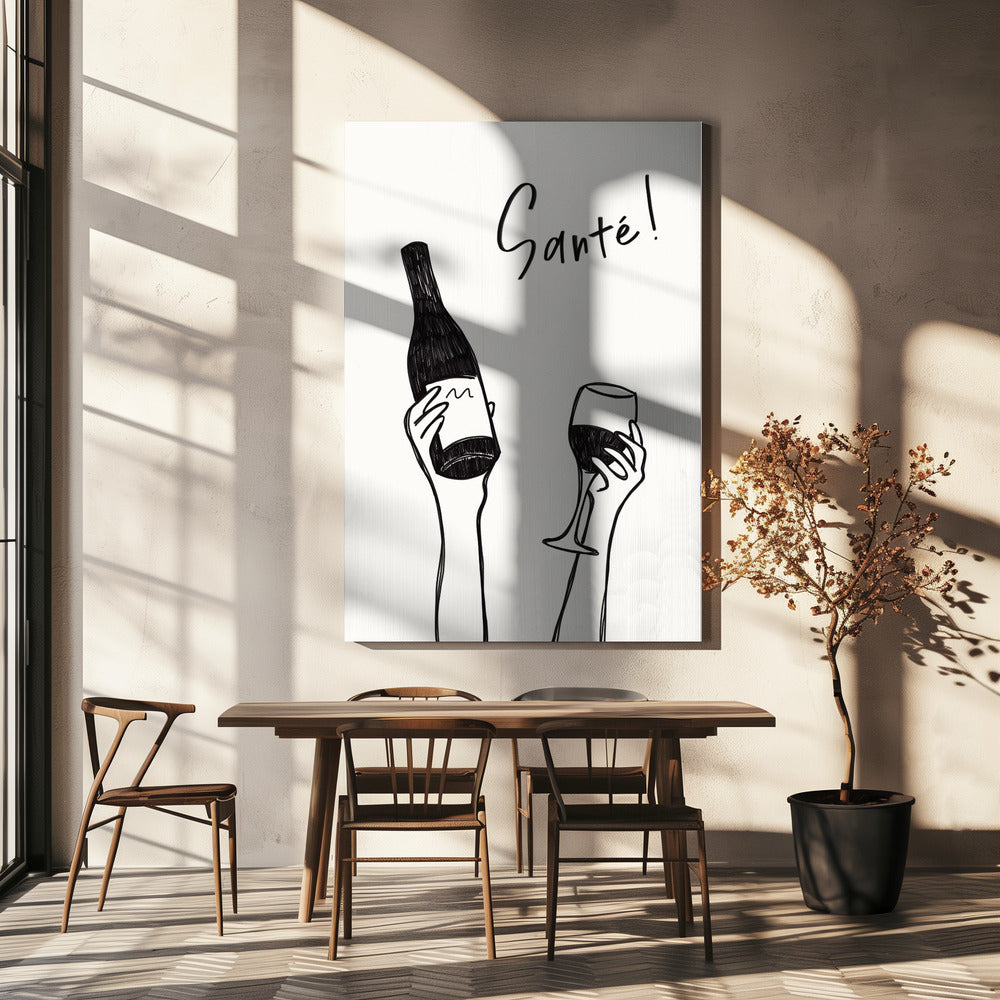 Hands holding a wine bottle and a wine glass with the text &quot;Cheers!&quot; in French | Canvas
