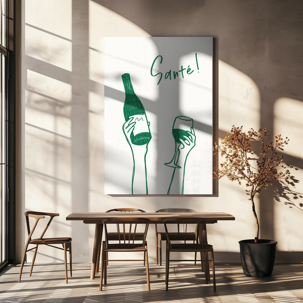 Hands holding a wine bottle and a wine glass with the text &quot;Cheers!&quot; in French | Canvas