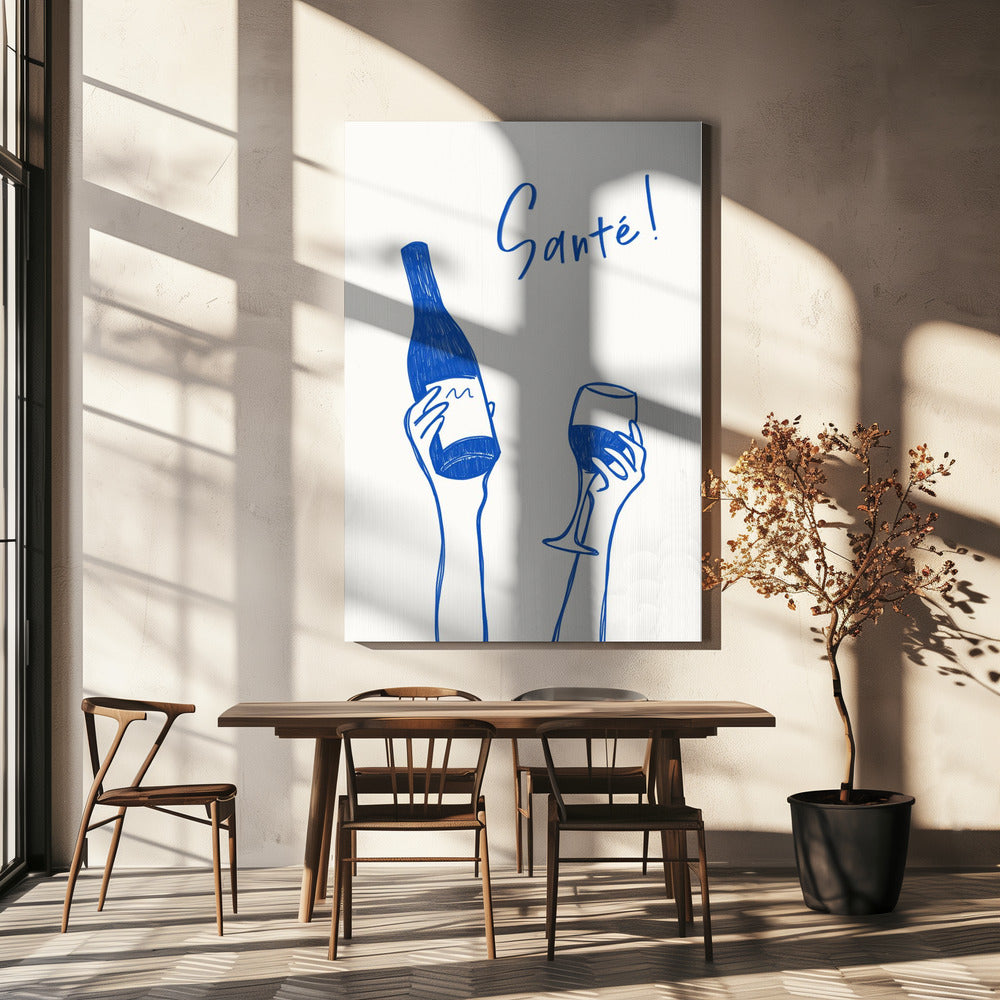 Hands holding a wine bottle and a wine glass with the text &quot;Cheers!&quot; in French | Canvas