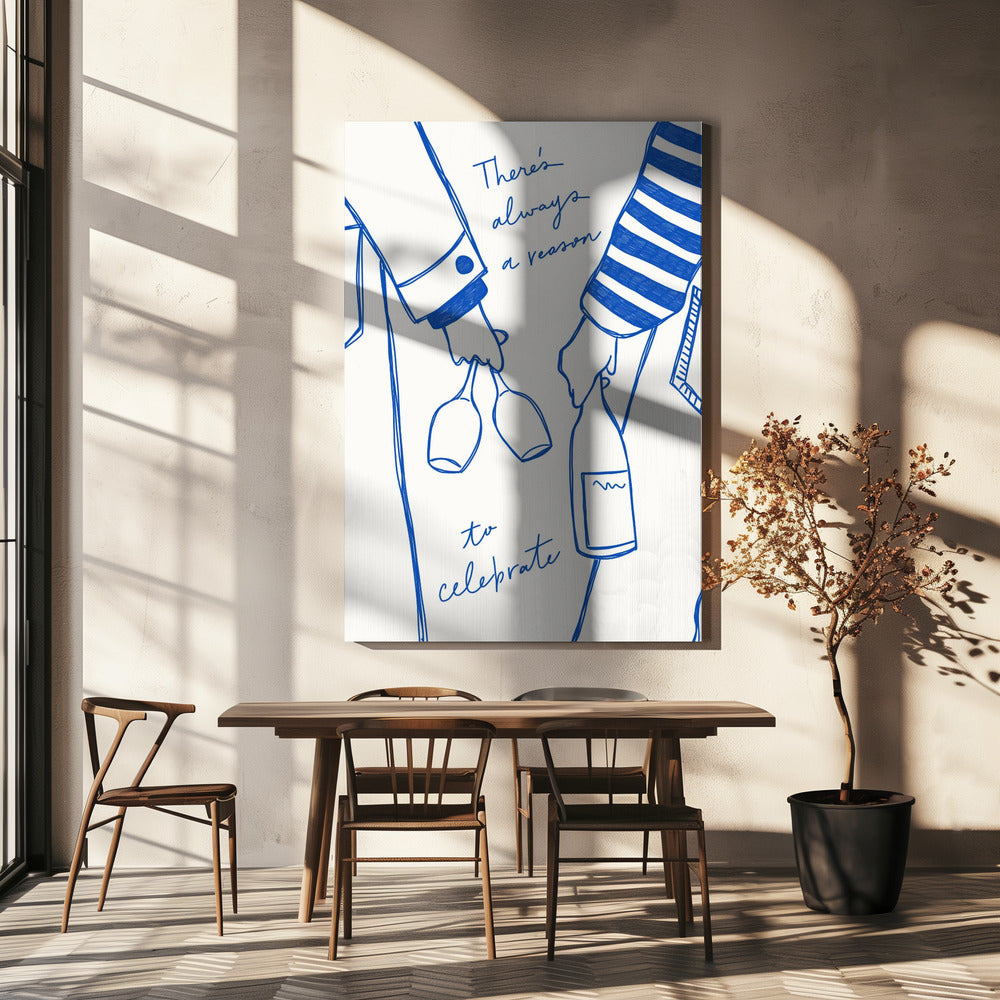 Woman holding wine bottle and wine glass (Blue) - Wine Vin Femme Bleu | Canvas