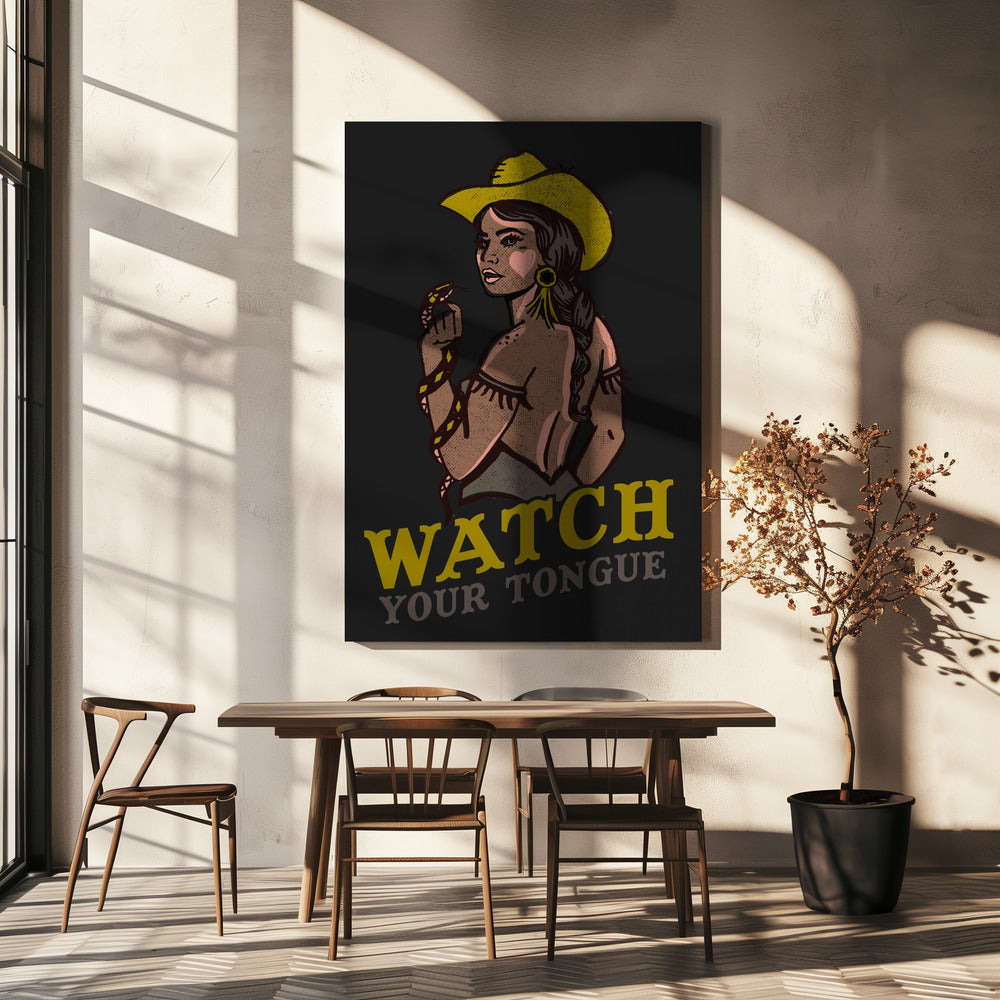 Watch Your Tongue Badass Pin-Up Cowgirl &amp; Rattlesnake | Canvas