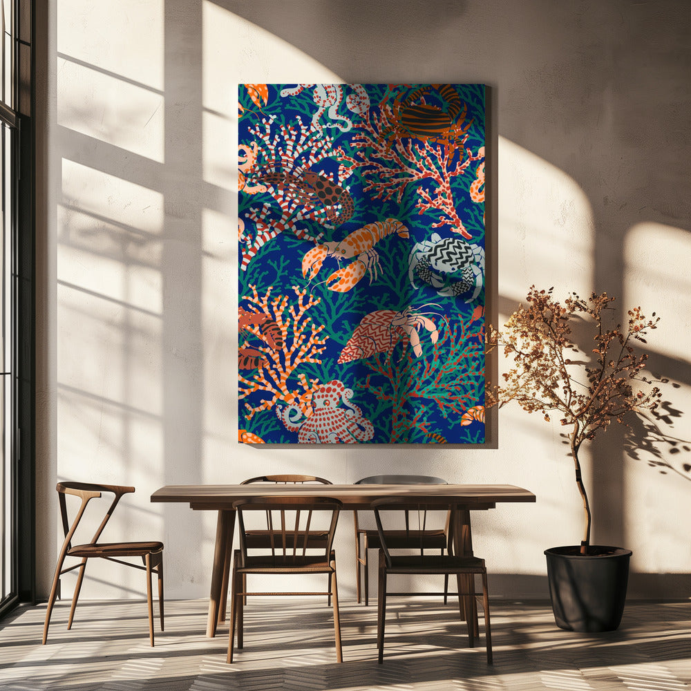 Vibrant coral reef blue and orange pattern | Canvas