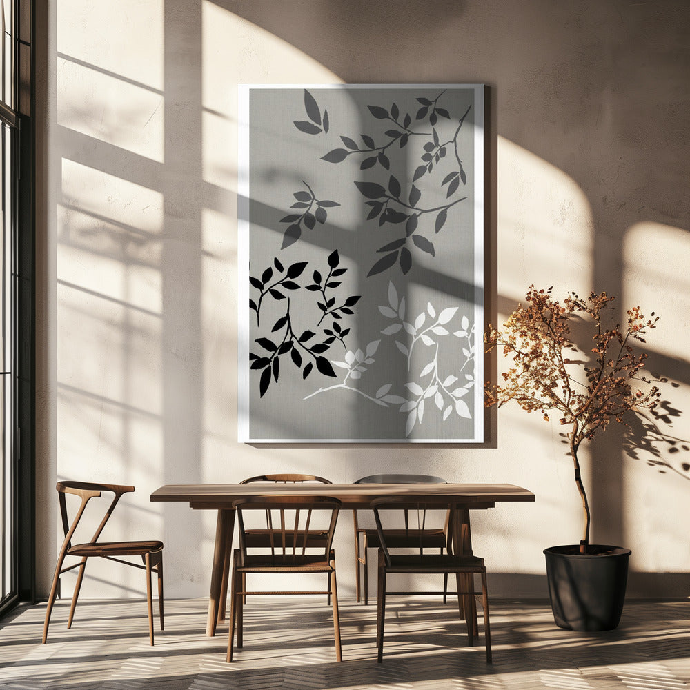 White Grey Black Leaves On Linen 2 | Canvas