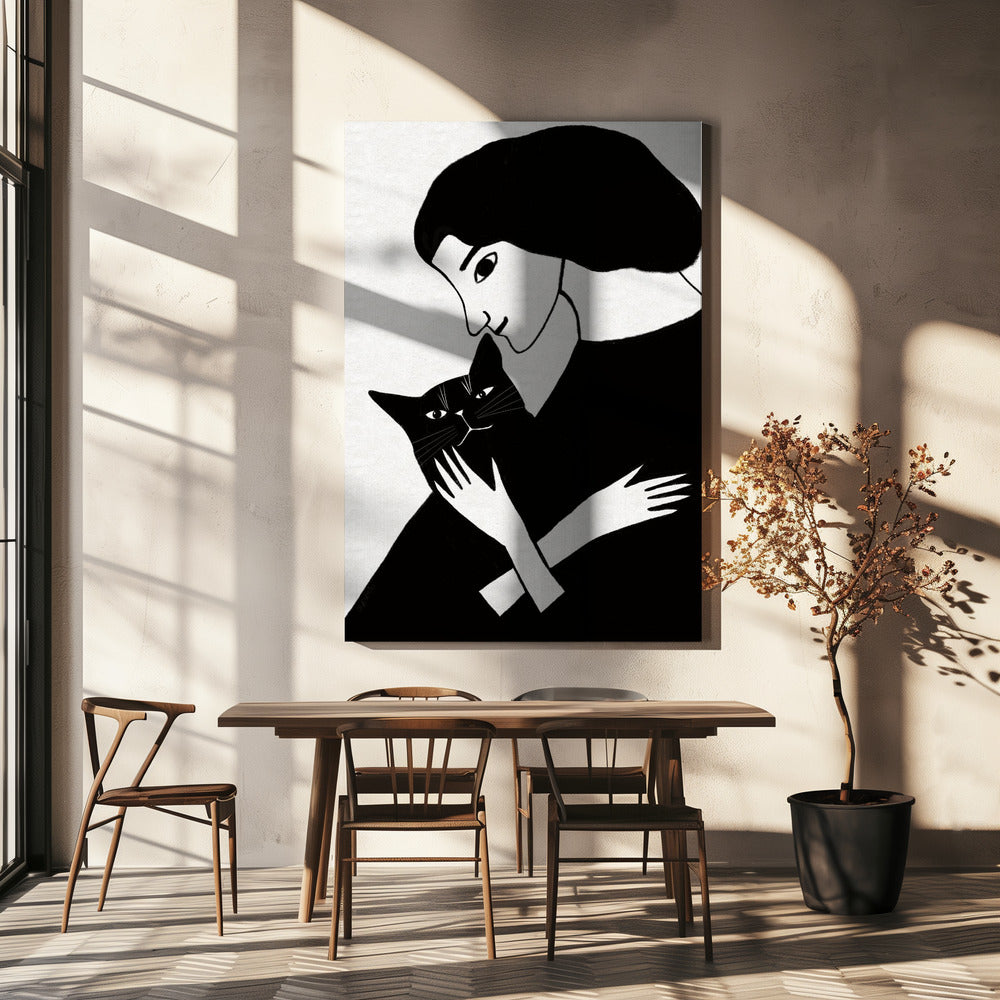 Cat Lady with Black Cat | Canvas