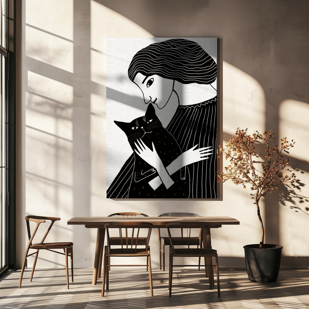 Cat Lady with Black Cat | Canvas