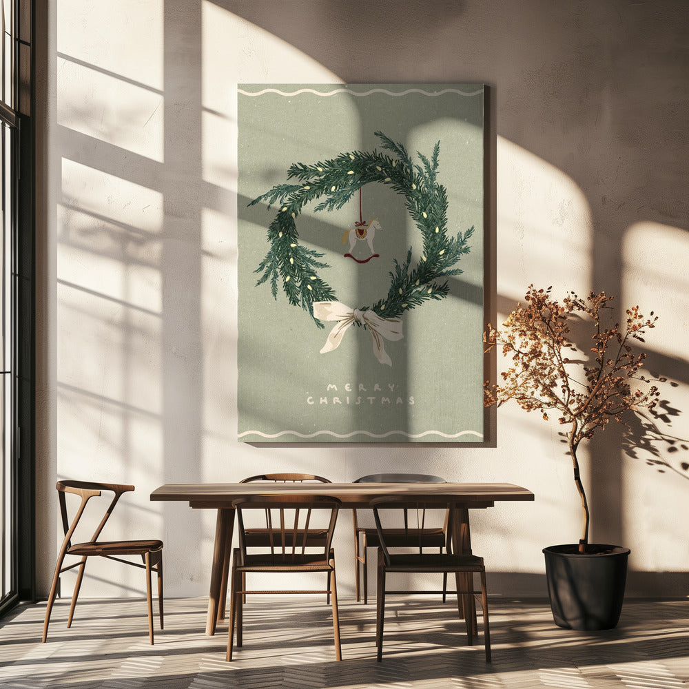 Horses toy on Christmas wreath with bow | Canvas