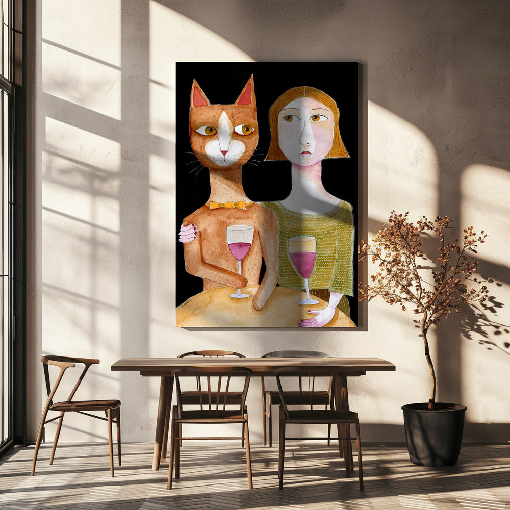 Best Friends Cat and Lady drinking wine | Canvas