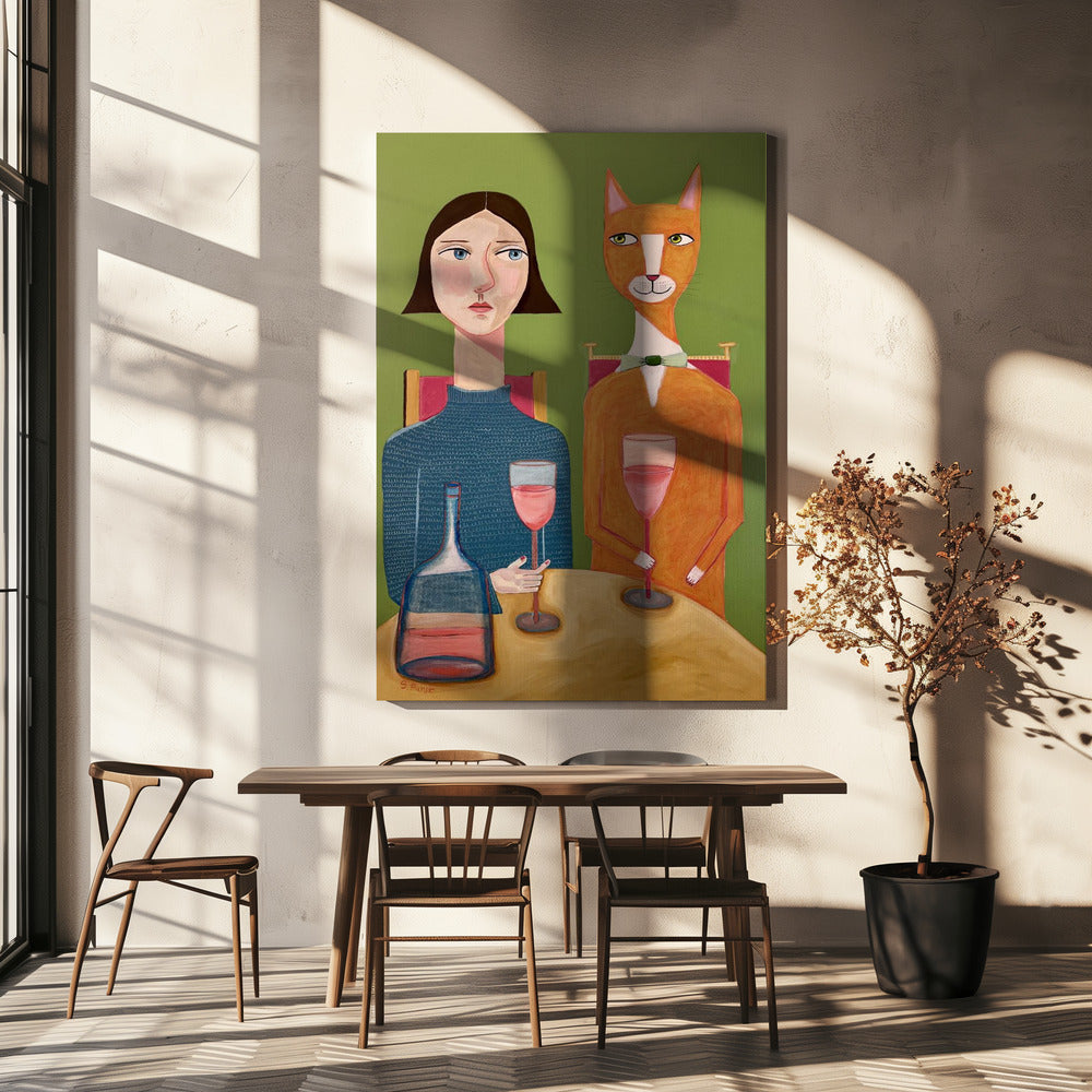 Lady and Cat Drinking Wine | Canvas