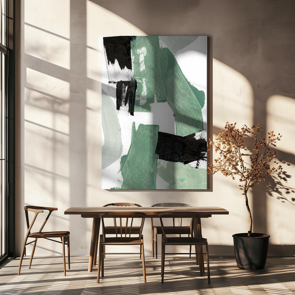 Abstract Green &amp; Black Shapes No1 Print | Canvas