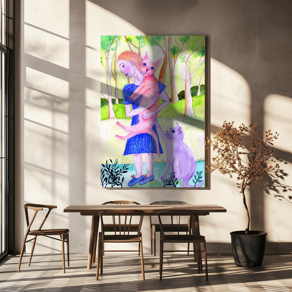 Lady with the pink and blue cat. | Canvas