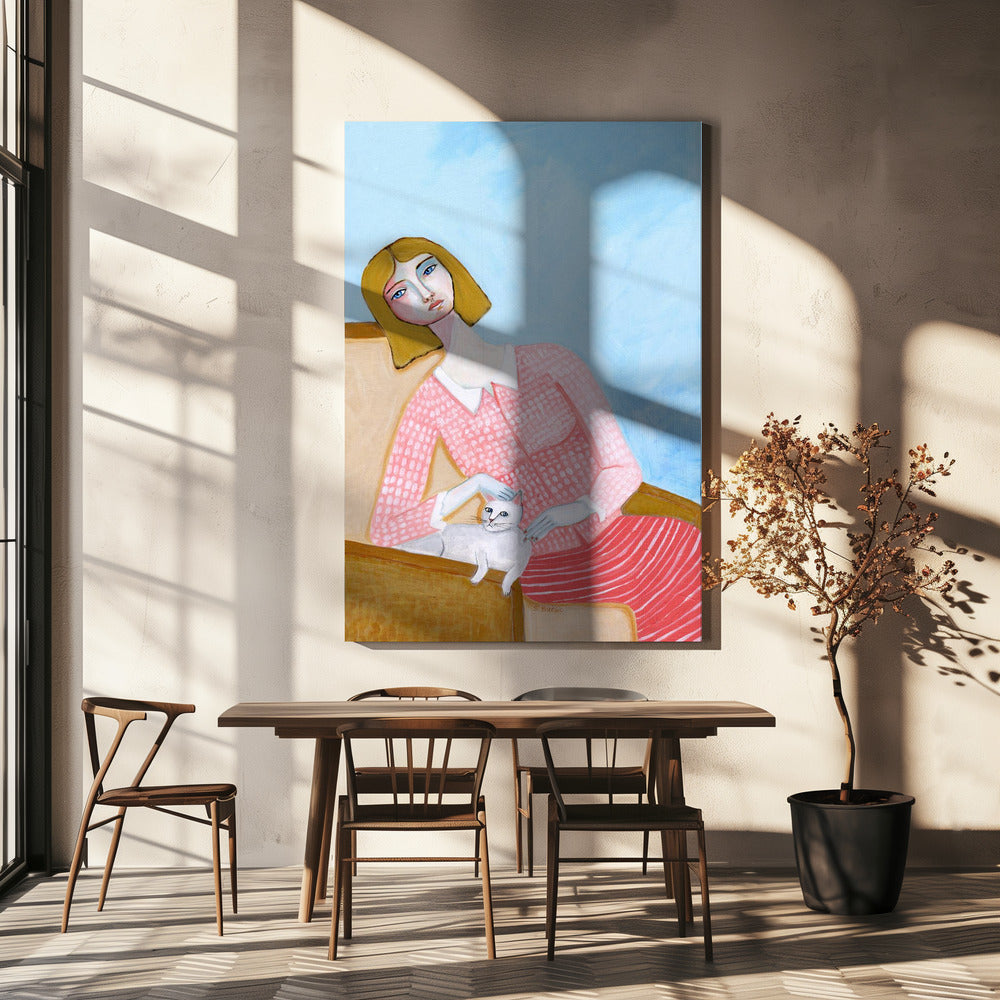 Lady with white cat | Canvas