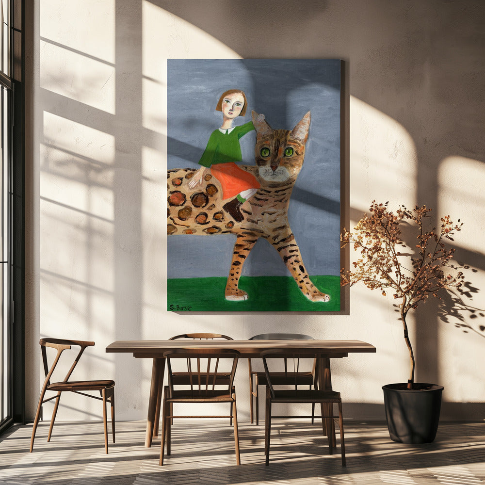 Girl on Bengal Cat | Canvas