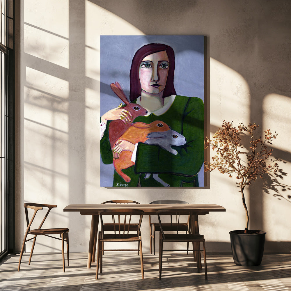 Lady with Three Rabbiets | Canvas