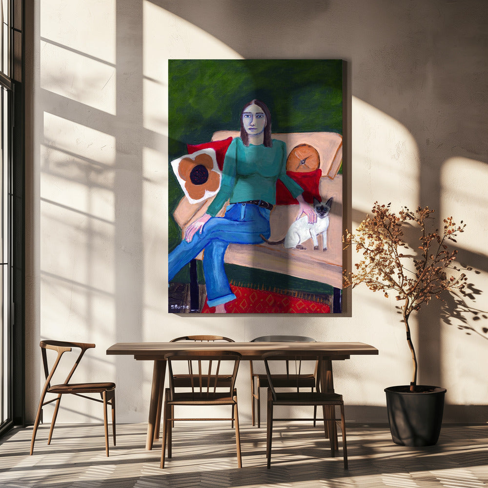 Lady sitting with Siamese Cat | Canvas