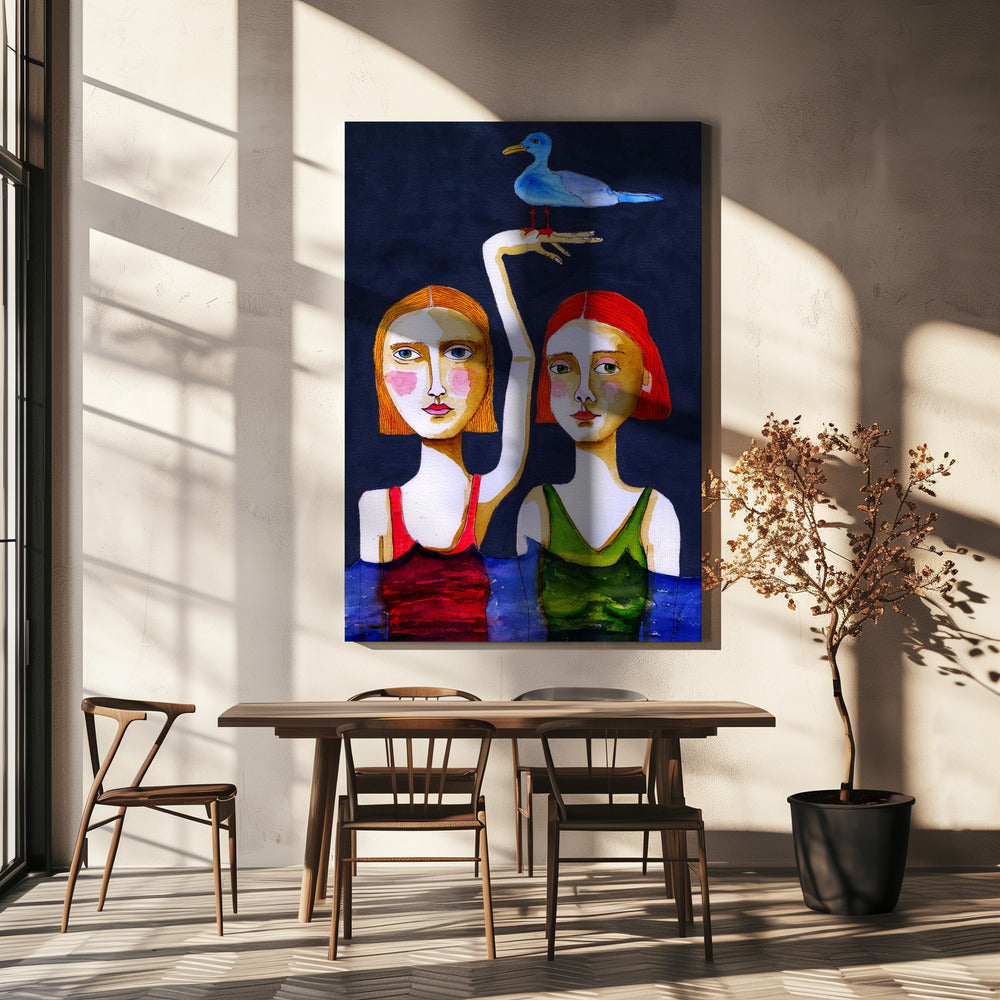 Swimming Girls with Blue Seagul. | Canvas