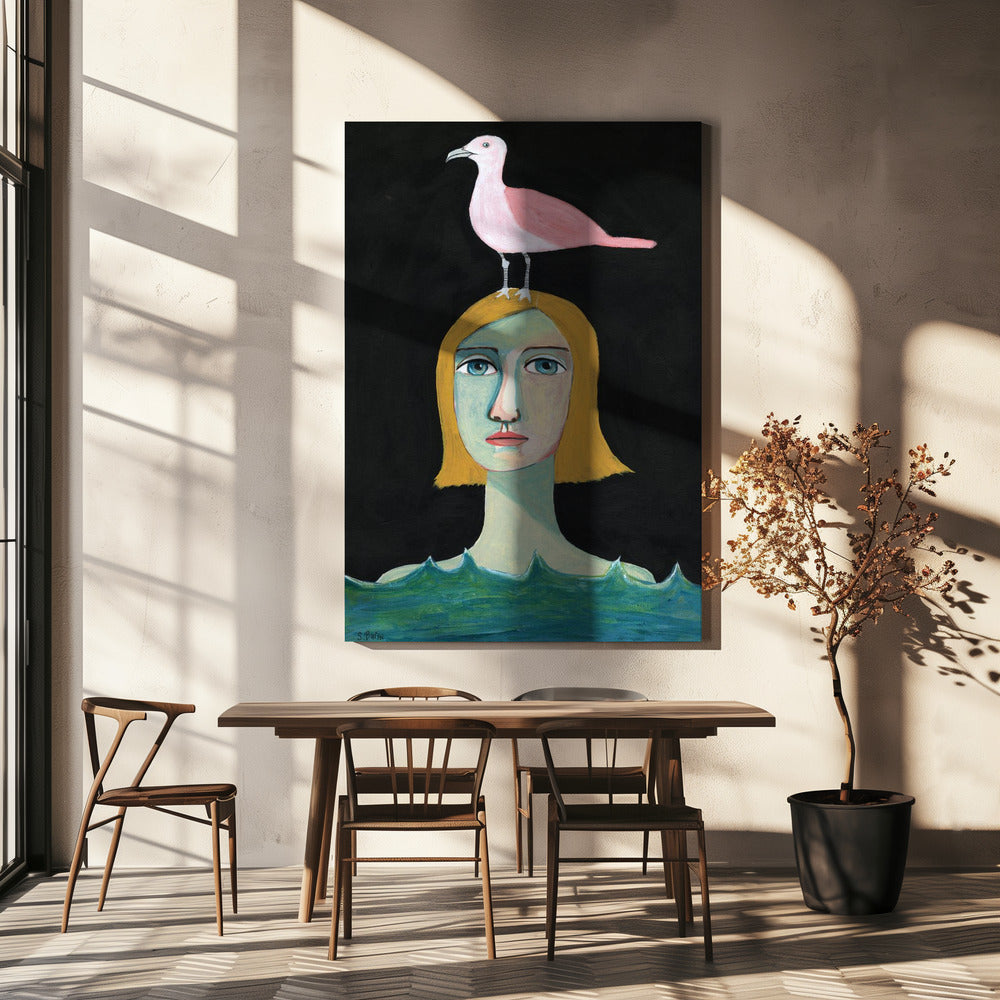 Swimming Girl with Pink Seagull | Canvas