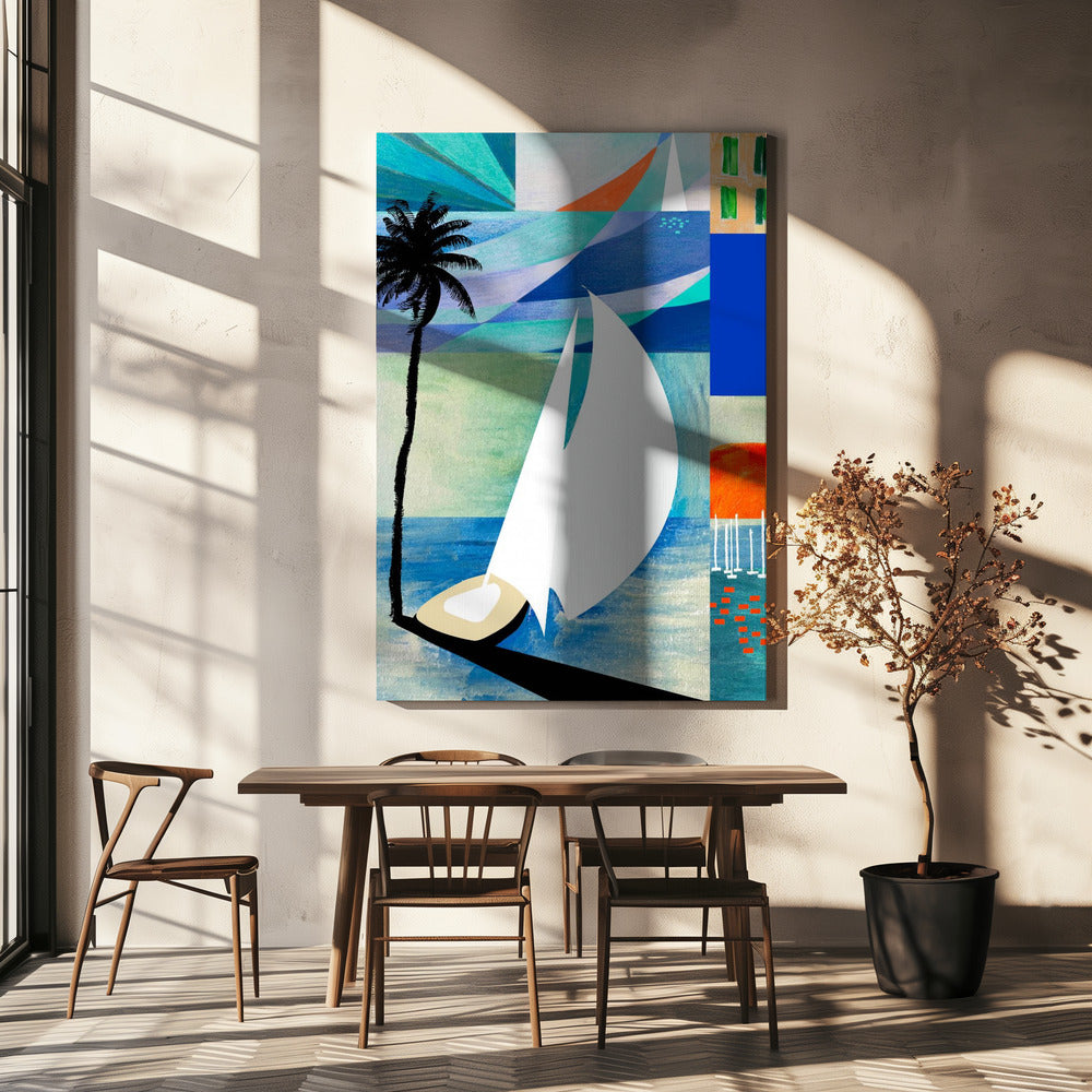 Colourful Mediterranean Travel Art Print With Sunrise And Palm Tree | Canvas