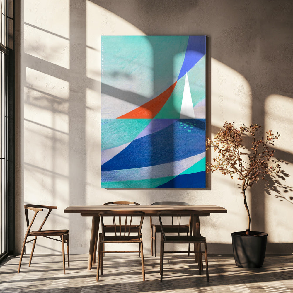 Abstract Ocean Art With Minimalist White Sailboat On The Sea | Canvas