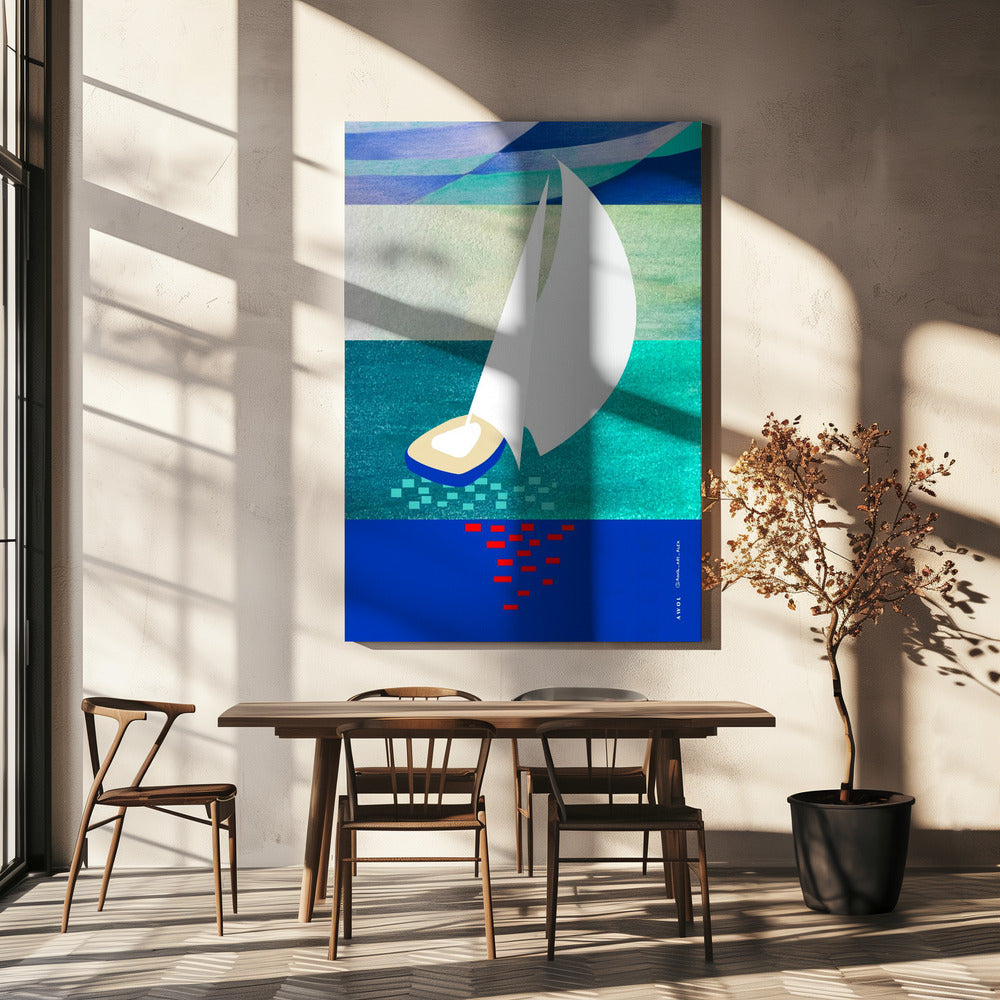White Sailboat With Reflections, Abstract Sea Art With Graphic Stripes | Canvas