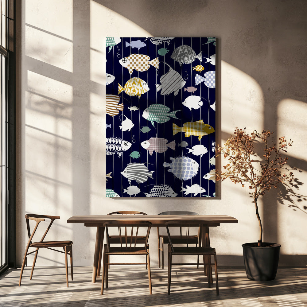 Fresh fish on dark navy blue pattern | Canvas