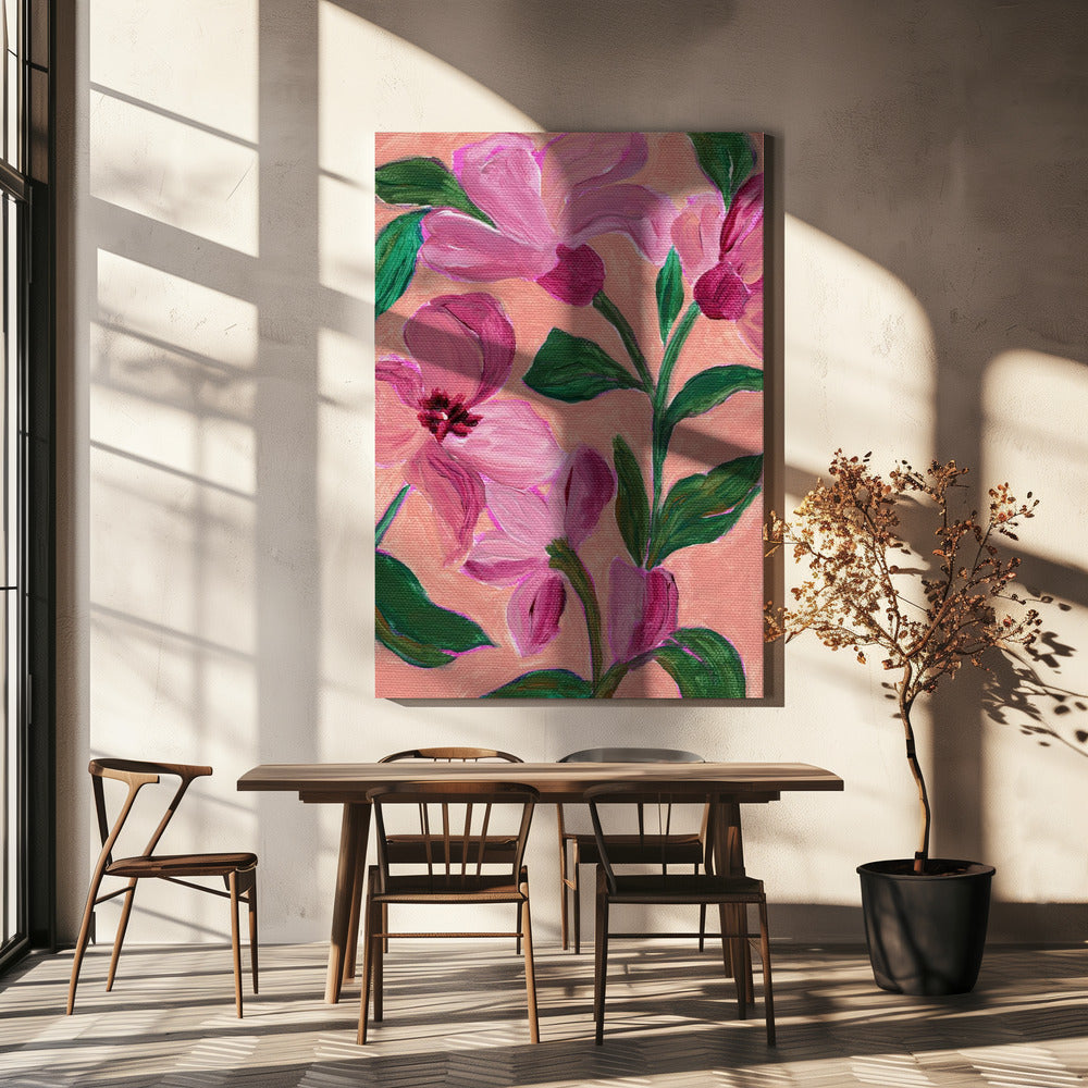 Pink Flowers With Bold Green Leaves | Canvas