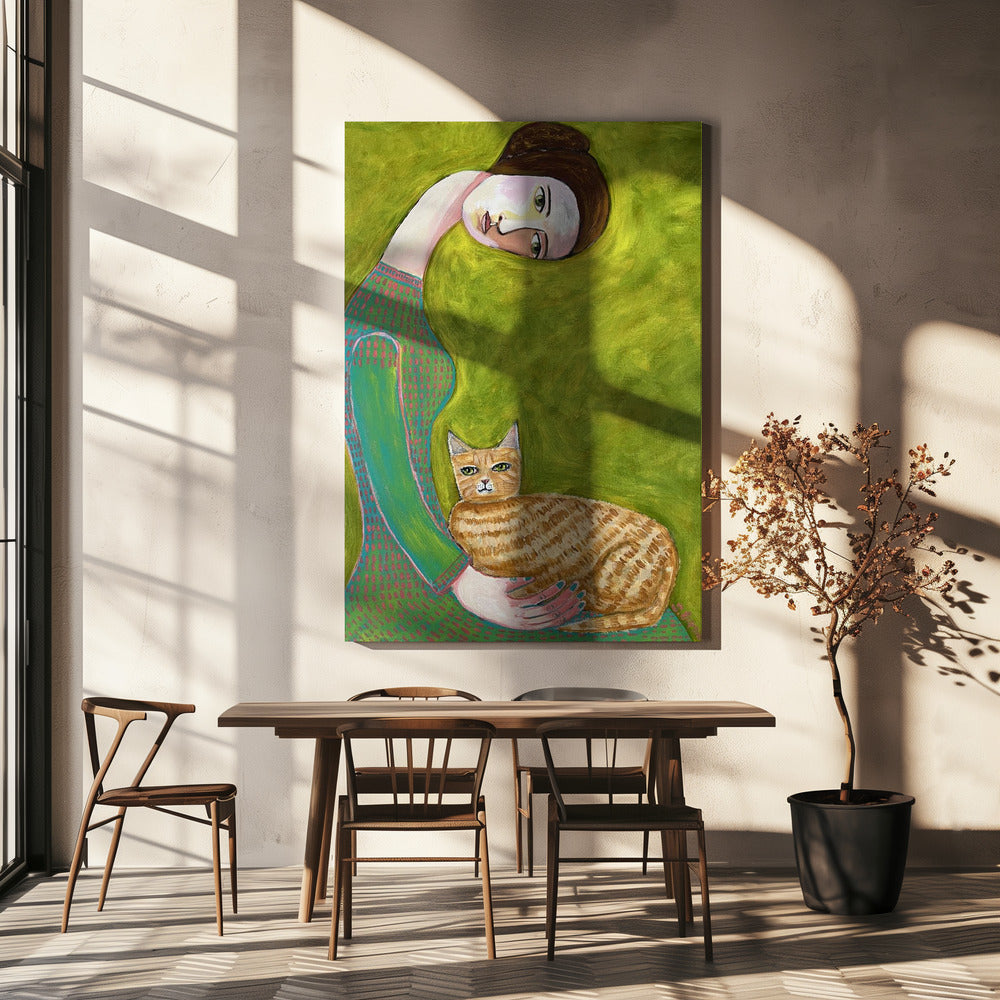 Bent Neck Lady with her so loved ginger cat. | Canvas